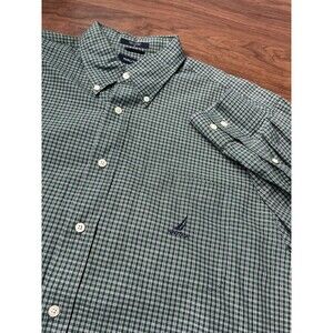 Vintage Plaid Nautica Embroidered Pocket Button Down Dress Shirt Sz Large Green